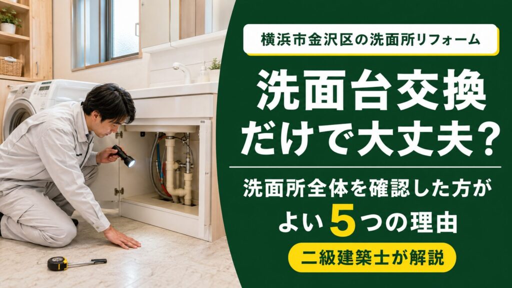 洗面台交換だけで大丈夫?横浜市金沢区で洗面所リフォームをご検討中の方へ、床・壁・下地・配管・寒さまで洗面所全体を確認した方がよい5つの理由を、建築経験30年以上・施工約1,500件の二級建築士が解説します。