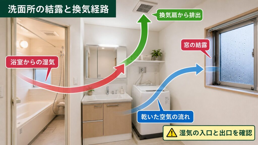窓の結露や換気不足は、洗面所にカビが発生する原因になります。
