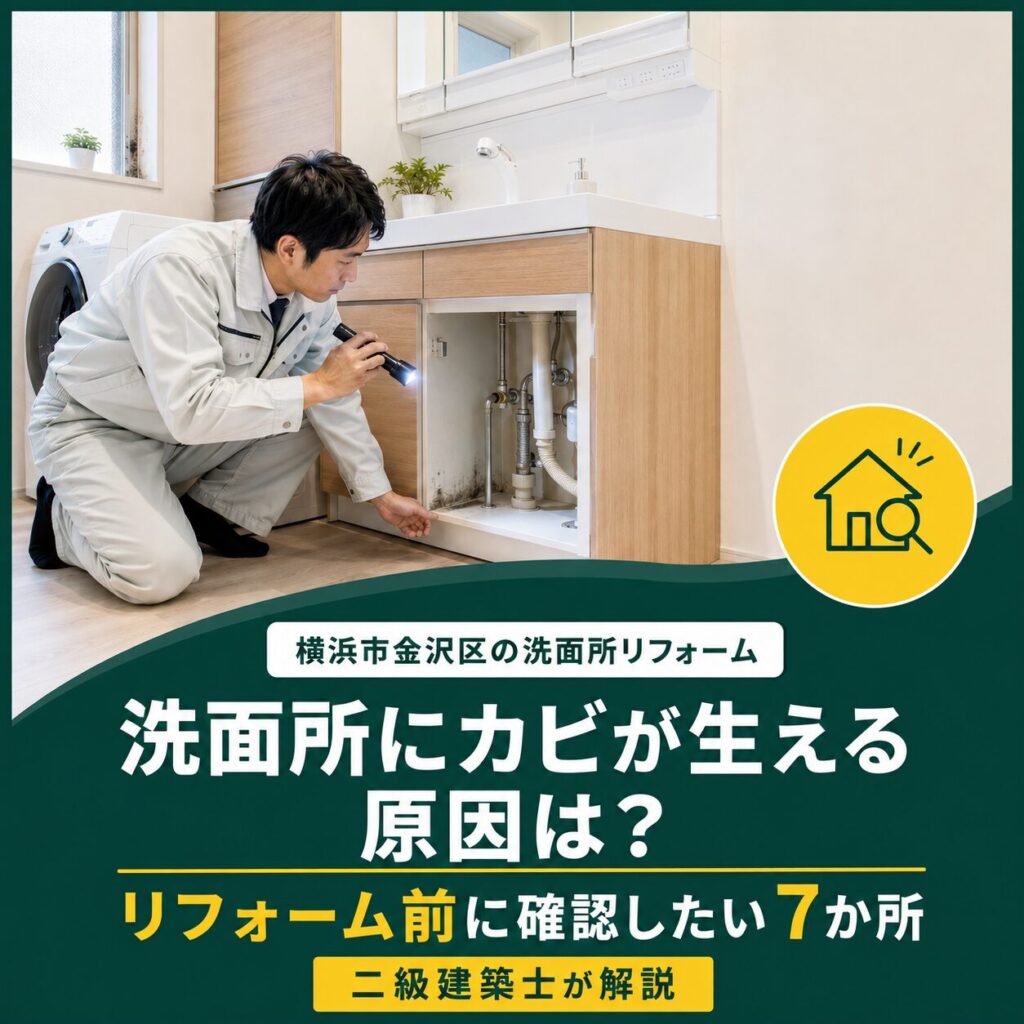 洗面所リフォーム前に、洗面台下の配管や床の傷みを確認します。