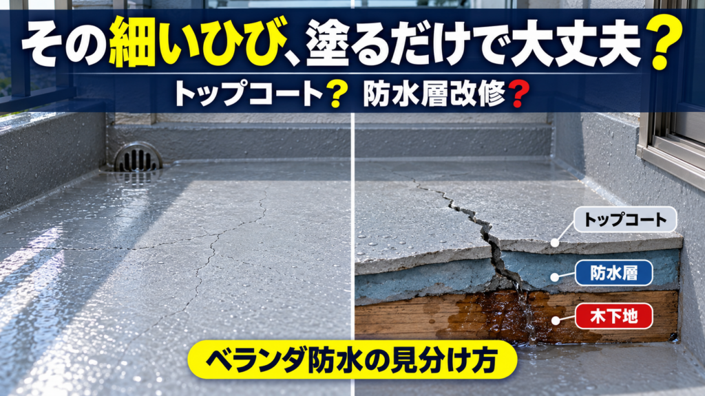 ベランダ床の細かなひびはトップコートの塗り替えで直る?表面だけの劣化と防水層・木下地まで傷んだ状態の見分け方、浮き・膨れ・排水口・立上りの点検ポイントを、横浜市金沢区の二級建築士が解説します。