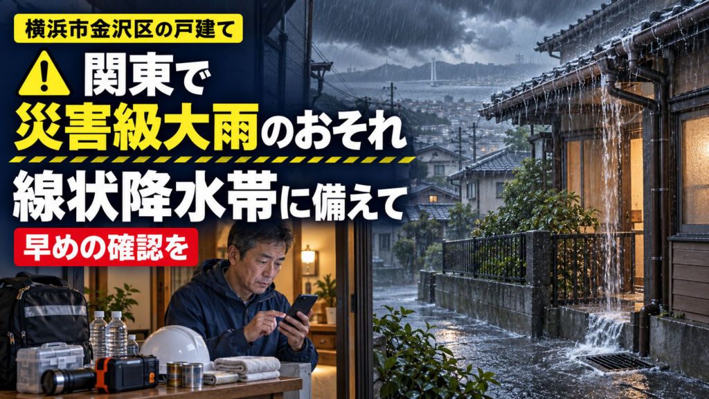 関東で線状降水帯による災害級の大雨が予想されたとき、横浜市金沢区の戸建てで今すぐ行いたい備えを解説。ハザードマップ、避難判断、雨どい・排水口、浸水・雨漏りの応急処置、してはいけない危険行動を二級建築士が紹介します。
